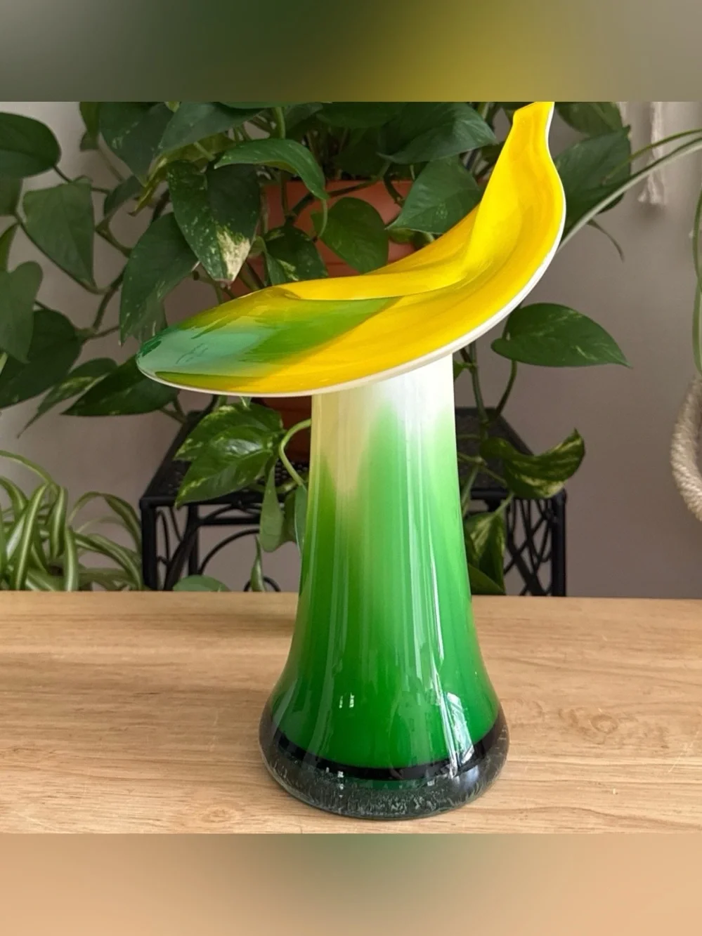 Vintage Art Glass Jack in the Pulpit Vase Green Yellow Cased Mid Century Modern